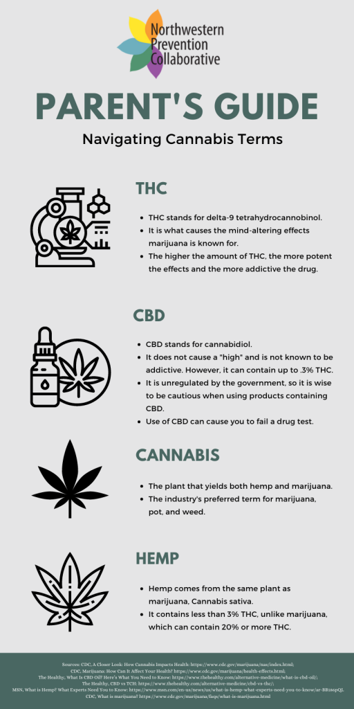 This infographic provides a brief overview of terms commonly used in regards to marijuana, including THC, CBD, Cannabis, and Hemp.