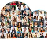 Hands holding photo collage of people.