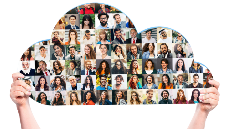 Podcast: My Story Weaves Our Story Hands holding photo collage of people.