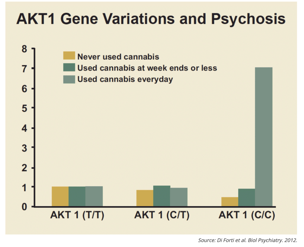 This image outlines how the AKT 1 (C/C) gene variation makes psychosis 7 times more likely. 