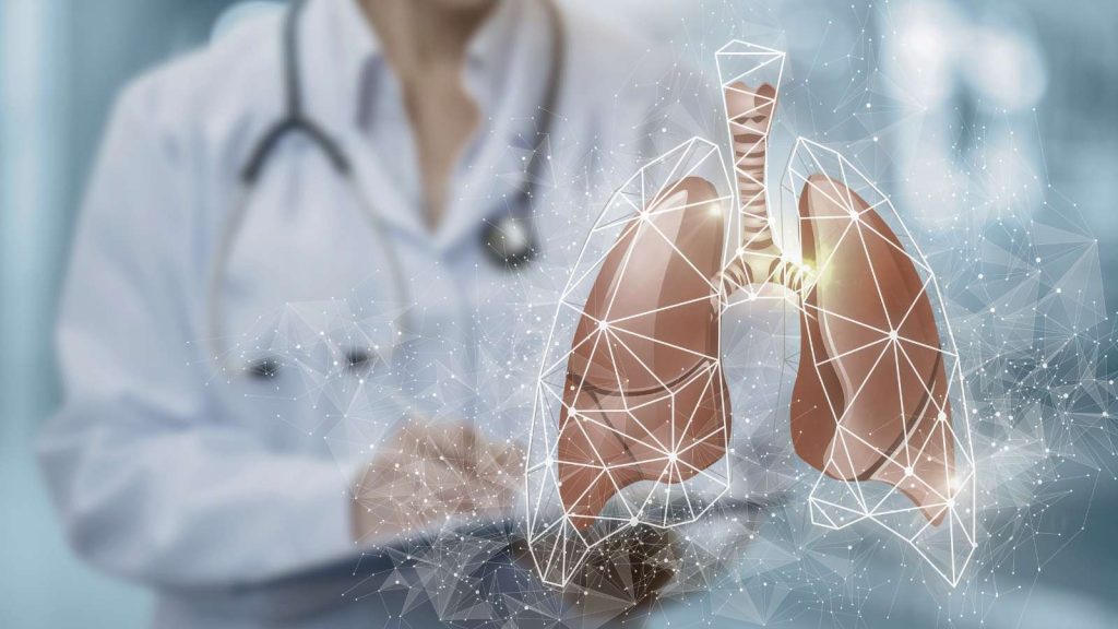 A doctor examines a virtual display of a patient's lungs.